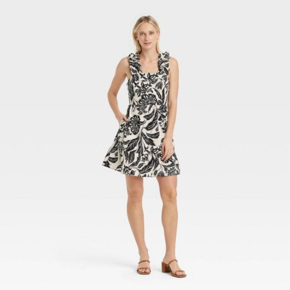 Who What Wear Sleeveless Back Ribbon Dress XXL NEW Black Cream Patterned